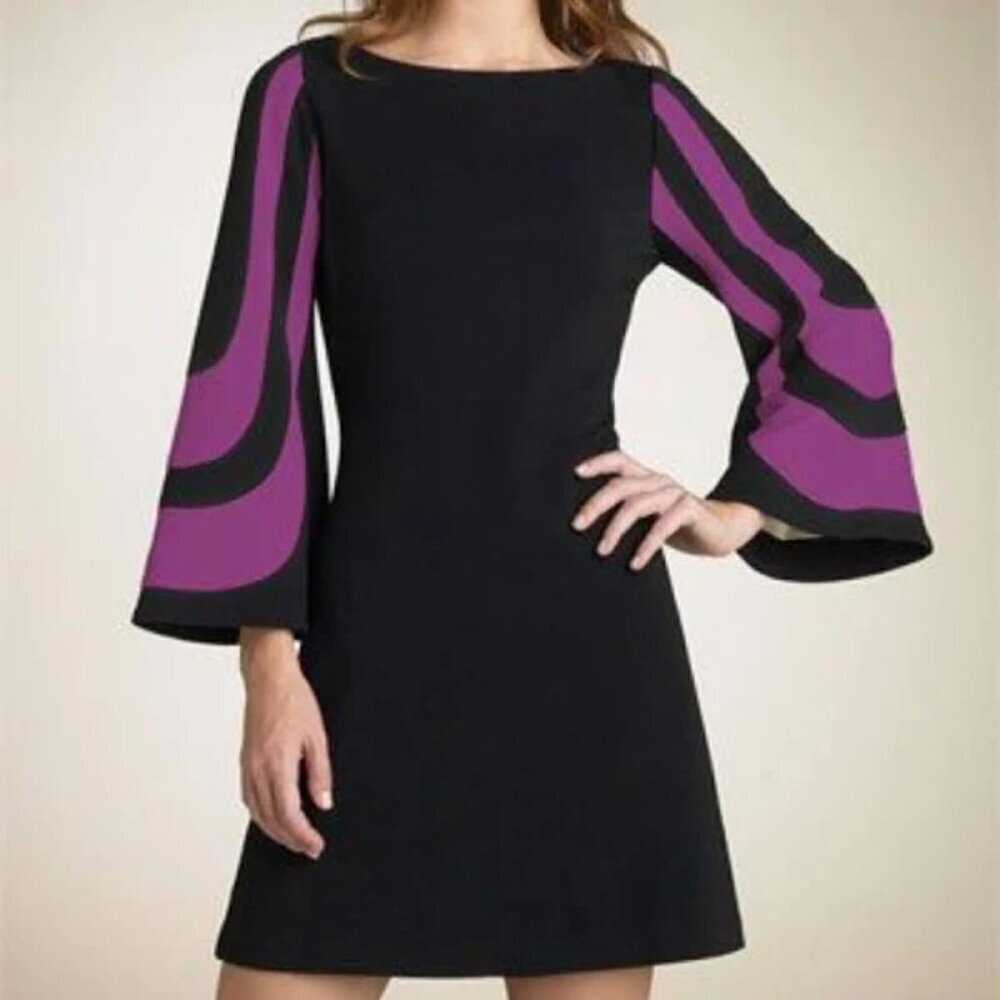 Trina Turk Mini Dress Black Purple Size 4 Hijinx Bell Sleeve